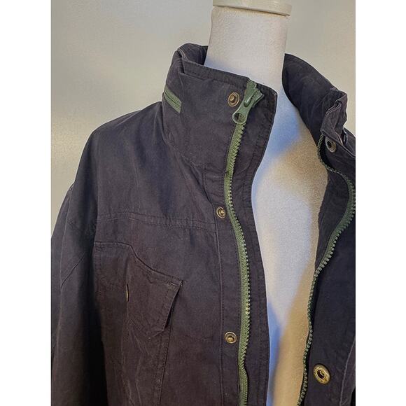 Vintage Orvis Chore Coat Jacket Size XL Denim Utility Hideaway Hood BLUE - Picture 2 of 7